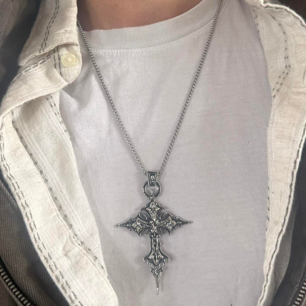 Y2K Silver Gothic Cross Necklace 20 Inch Unisex Pendant Streetwear Style